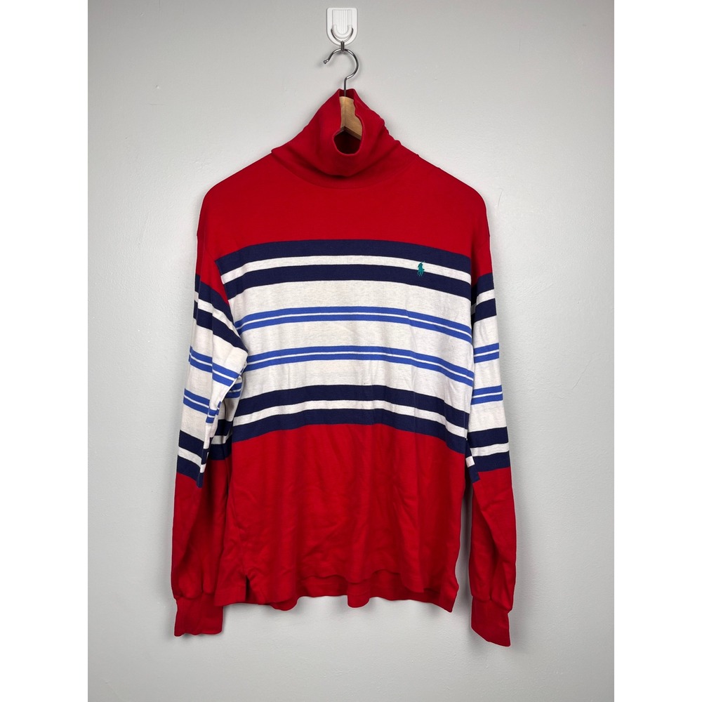 Vintage Polo Ralph Lauren Striped Turtleneck L Red Navy Made in USA Preppy Retro